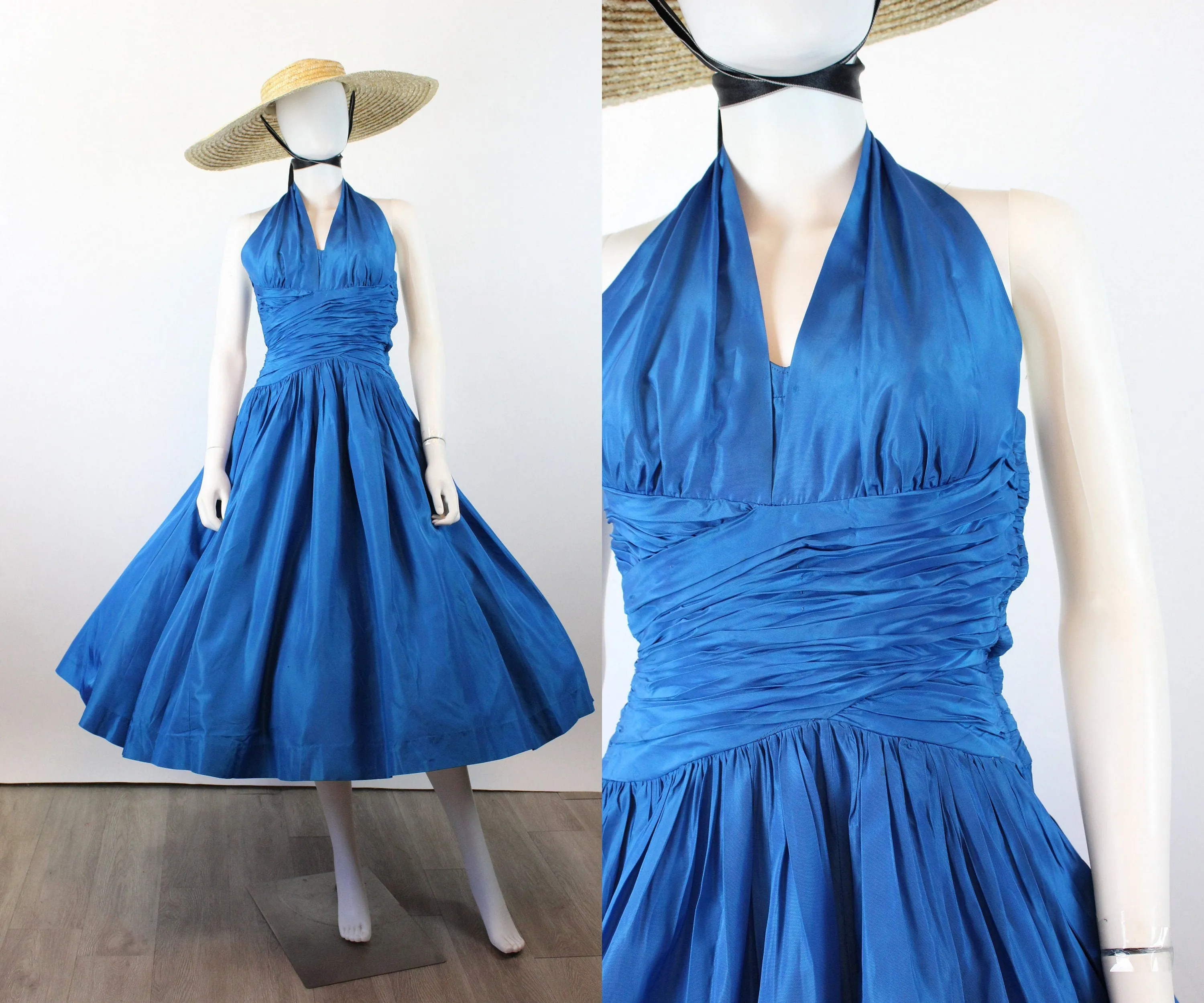 1950s HALTER COBALT silk taffeta dress xxs | new spring