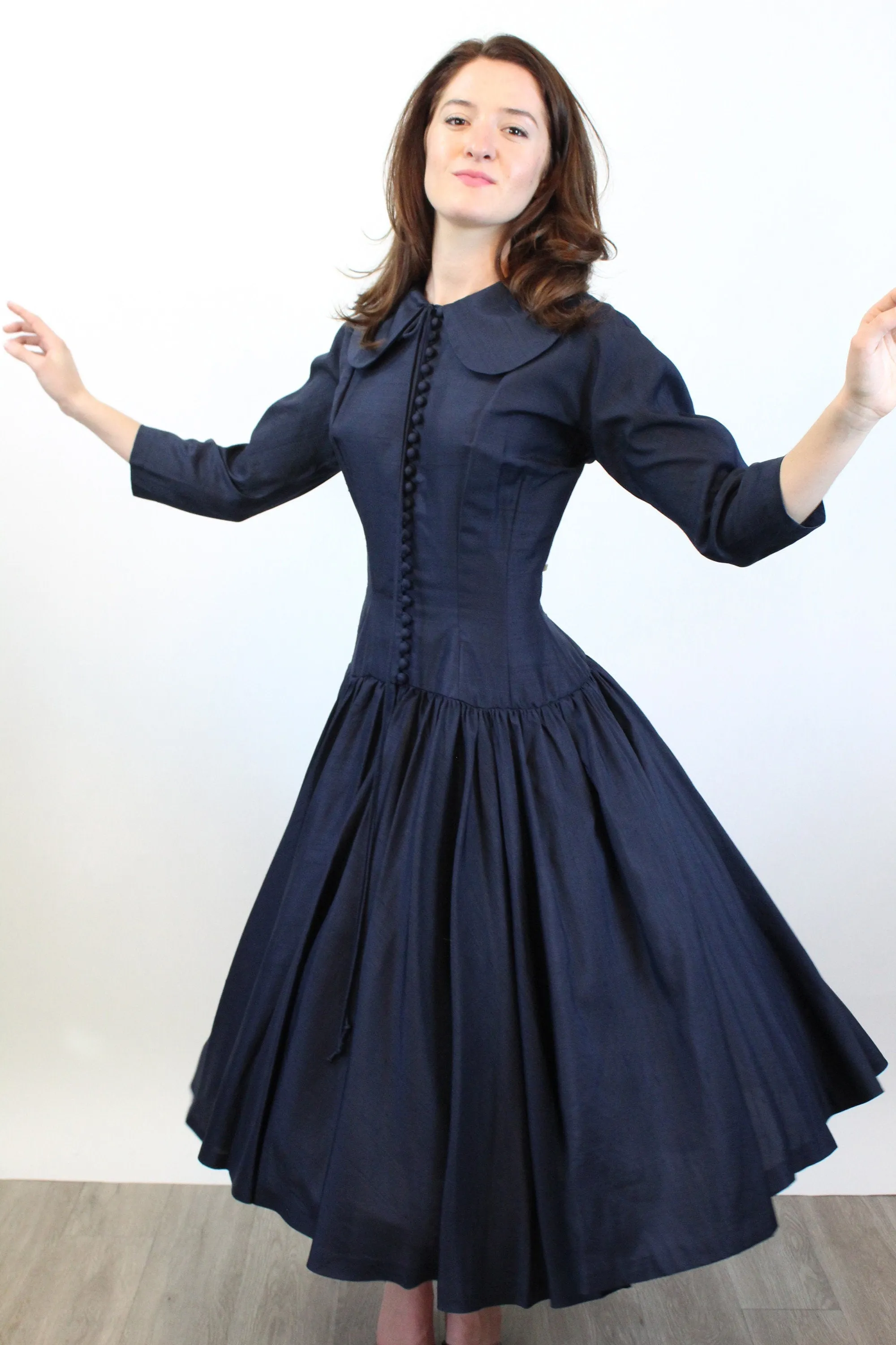 1950s SUZY PERETTE navy SILK dress small | new fall