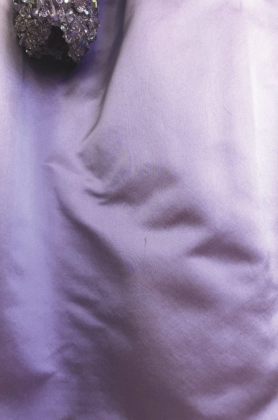 1960s George Halley Couture Lavender Silk Satin Dress w Heavily Detailed Crystal & Rhinestone Bodice