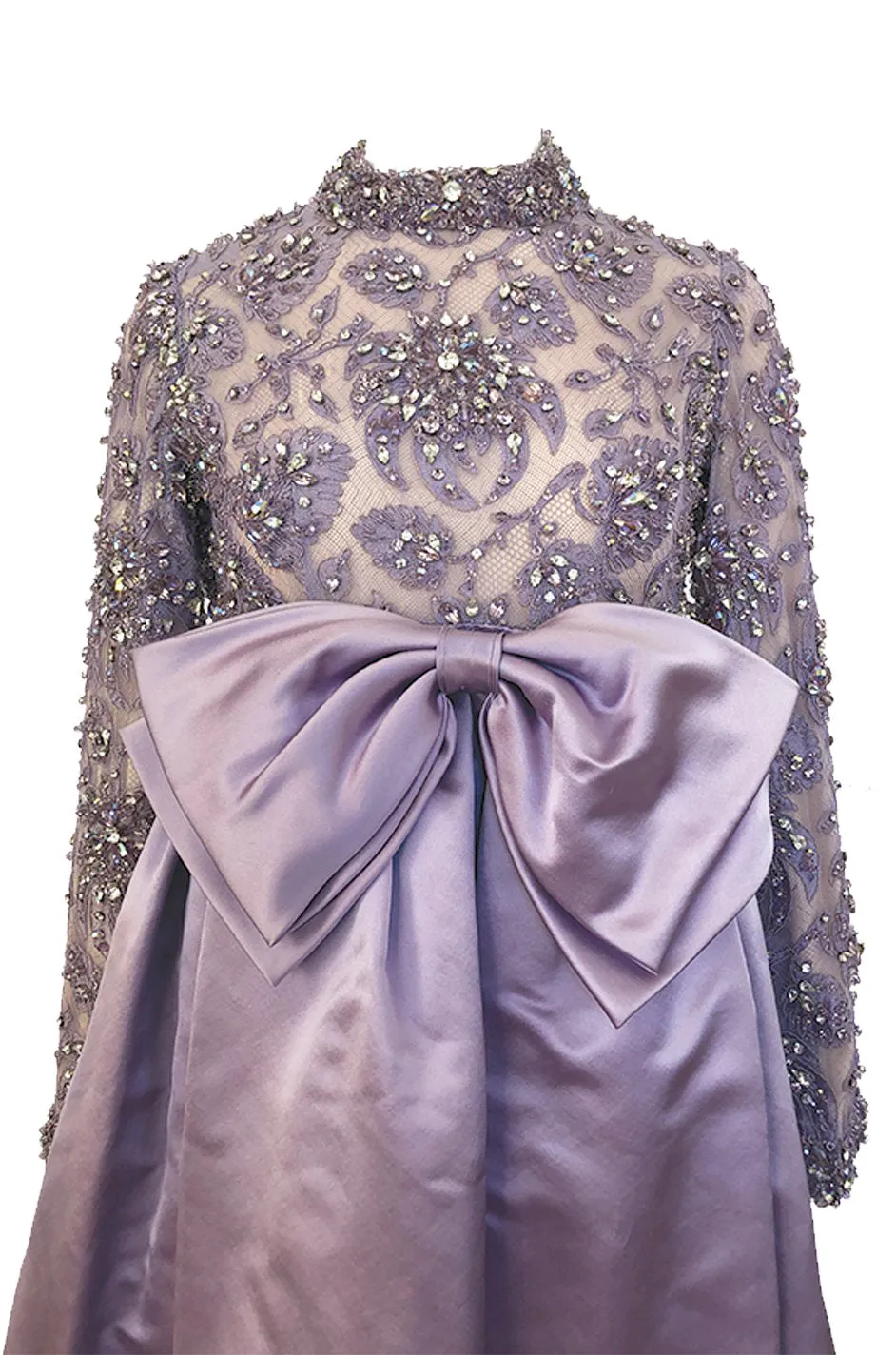 1960s George Halley Couture Lavender Silk Satin Dress w Heavily Detailed Crystal & Rhinestone Bodice