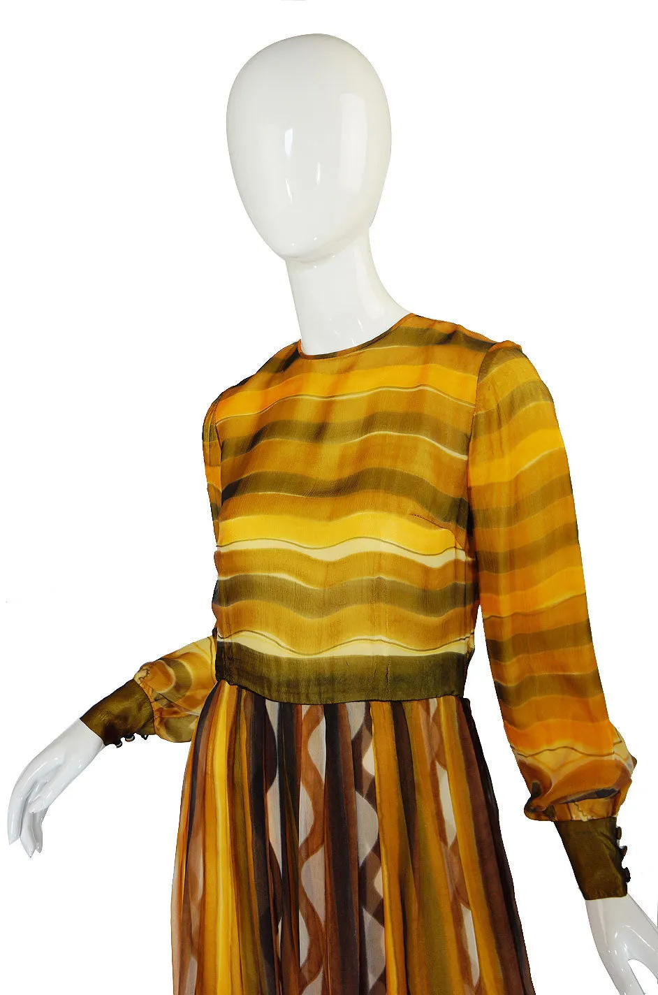1960s Lovely Screened Silk Chiffon Maxi