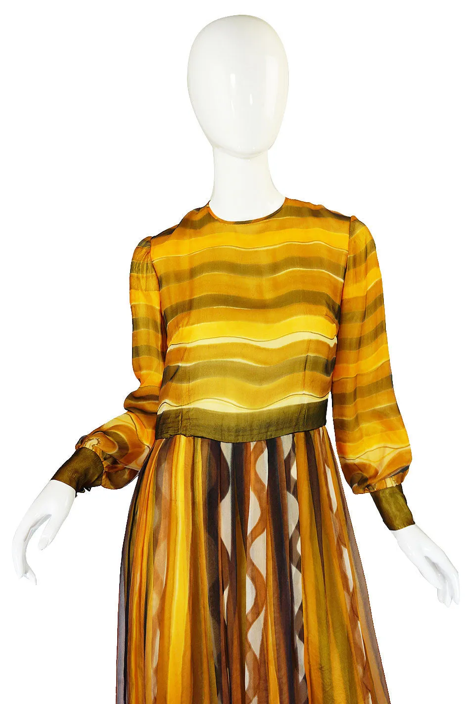1960s Lovely Screened Silk Chiffon Maxi