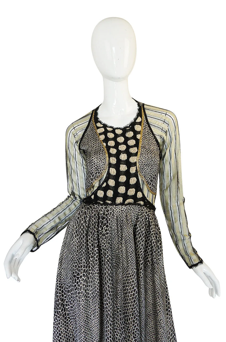 1970s Geoffrey Beene Couture Gold Metallic Lurex & Net Print Dress