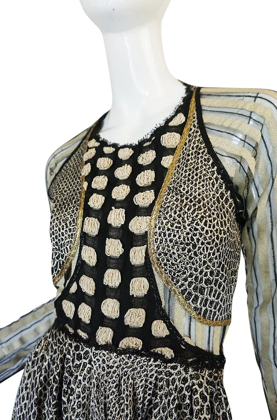 1970s Geoffrey Beene Couture Gold Metallic Lurex & Net Print Dress