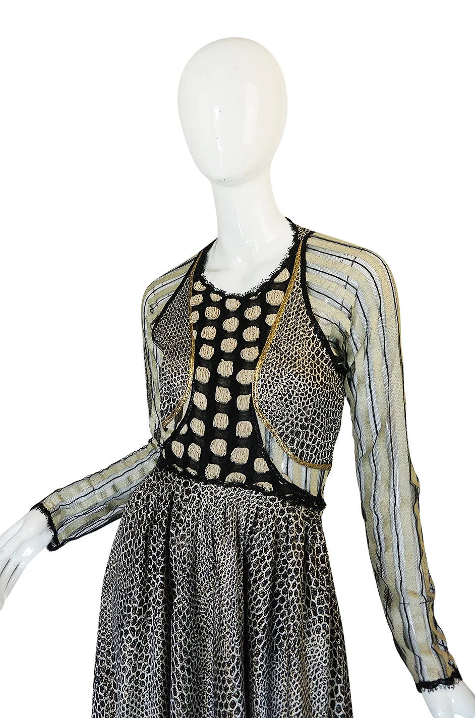 1970s Geoffrey Beene Couture Gold Metallic Lurex & Net Print Dress