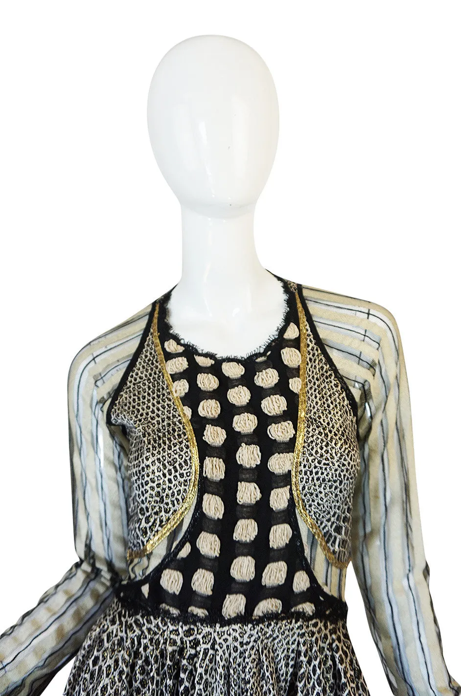 1970s Geoffrey Beene Couture Gold Metallic Lurex & Net Print Dress