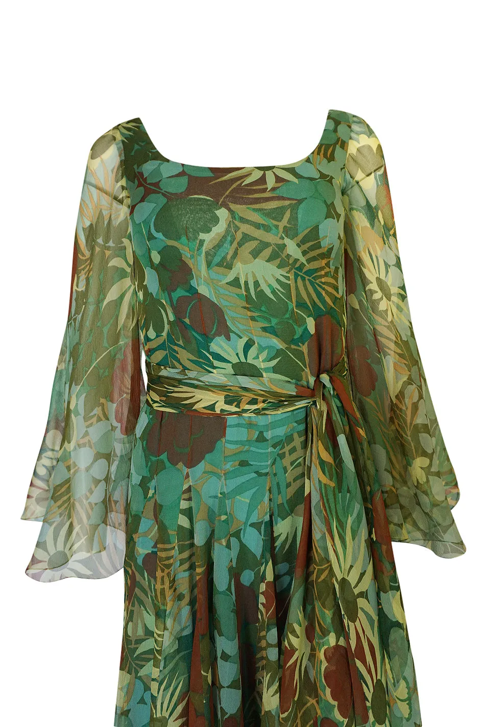 1970s Stavropoulos Couture Floral Print Silk Dress w Pleated Skirt