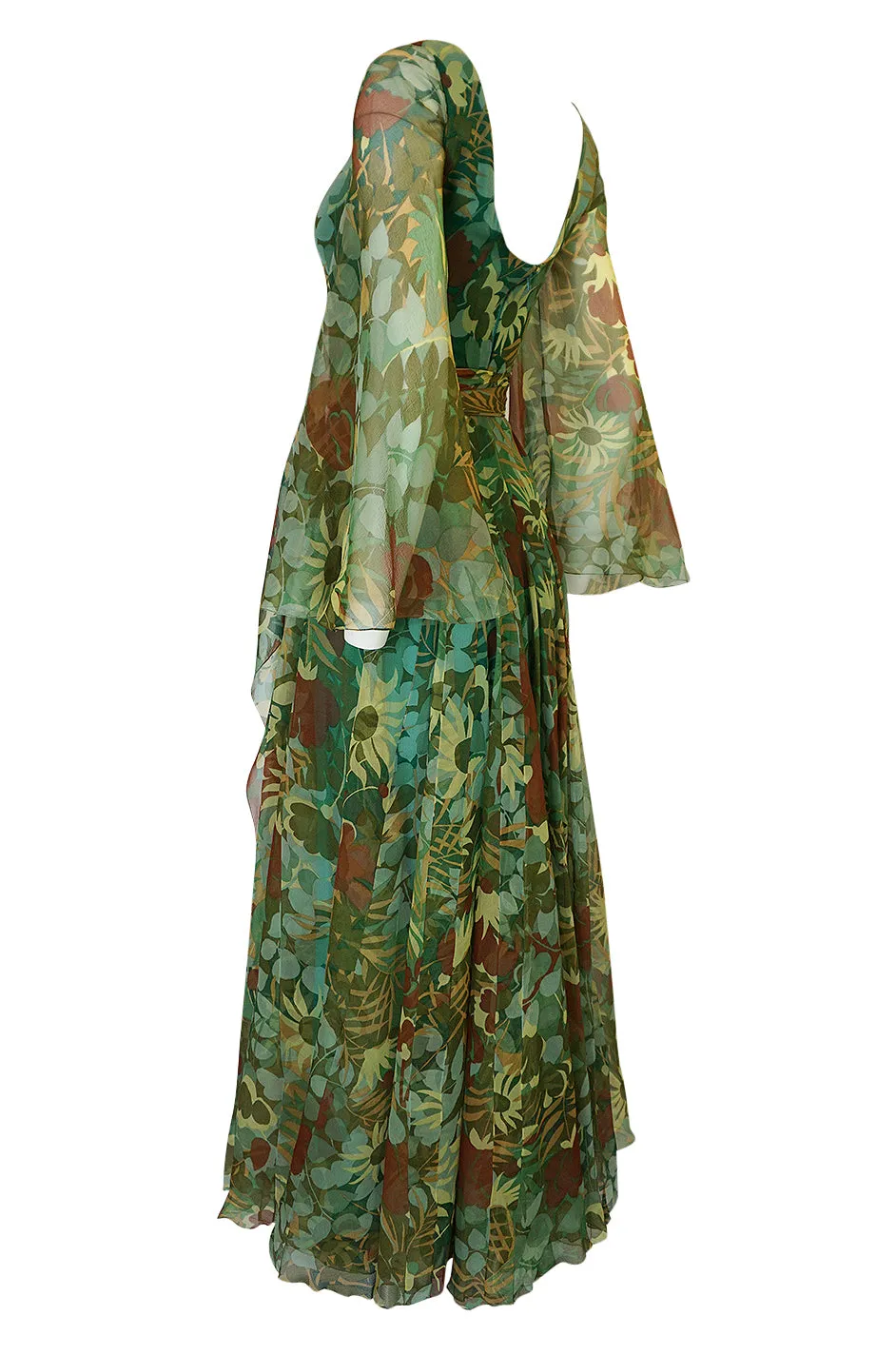 1970s Stavropoulos Couture Floral Print Silk Dress w Pleated Skirt