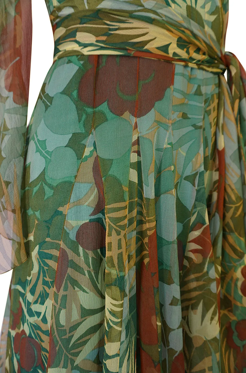 1970s Stavropoulos Couture Floral Print Silk Dress w Pleated Skirt