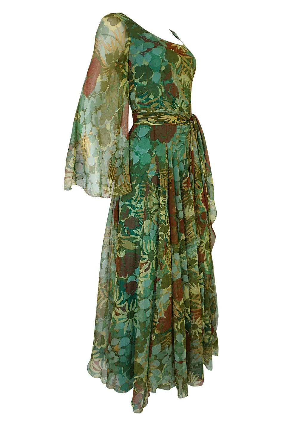 1970s Stavropoulos Couture Floral Print Silk Dress w Pleated Skirt
