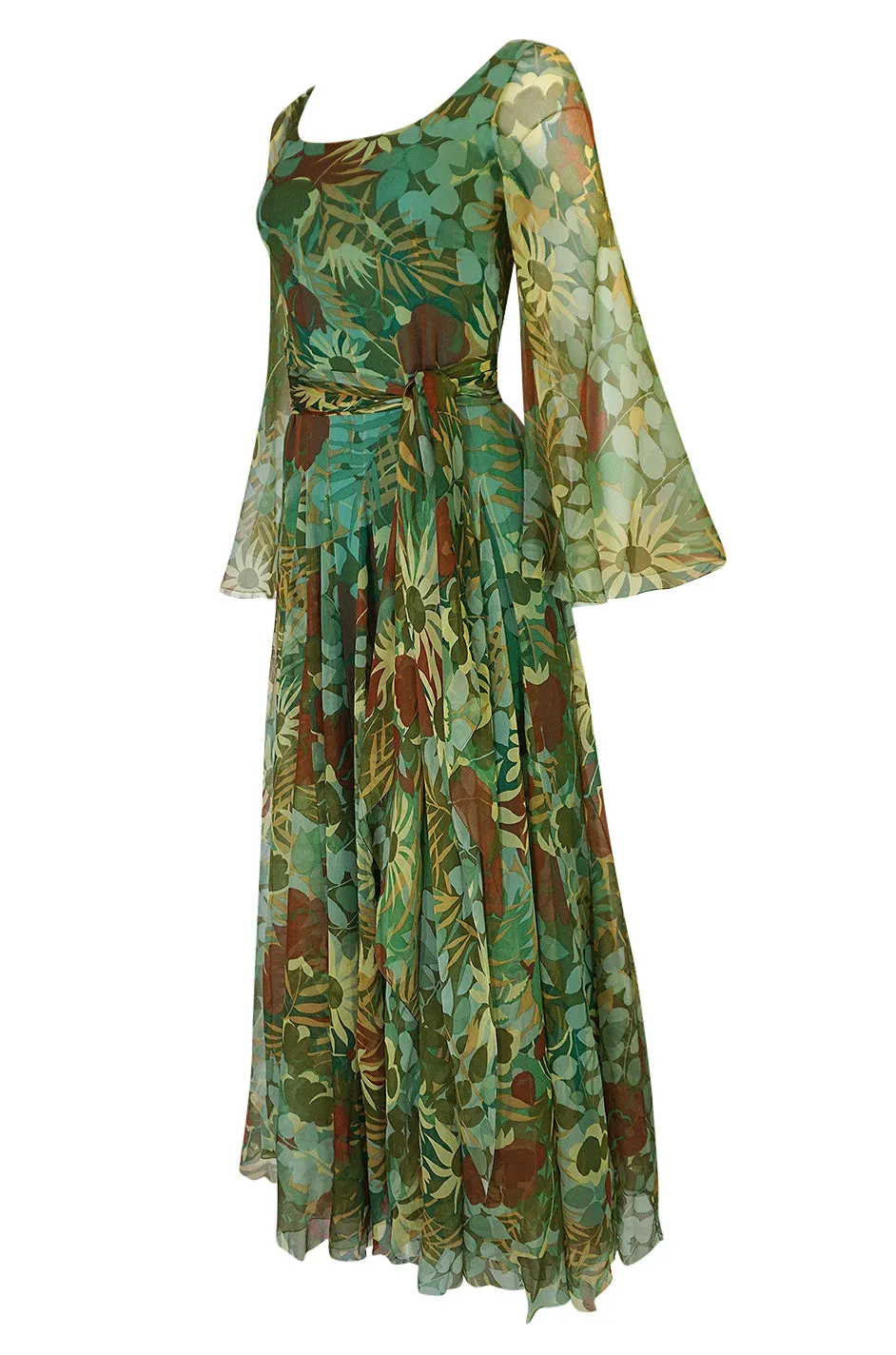 1970s Stavropoulos Couture Floral Print Silk Dress w Pleated Skirt
