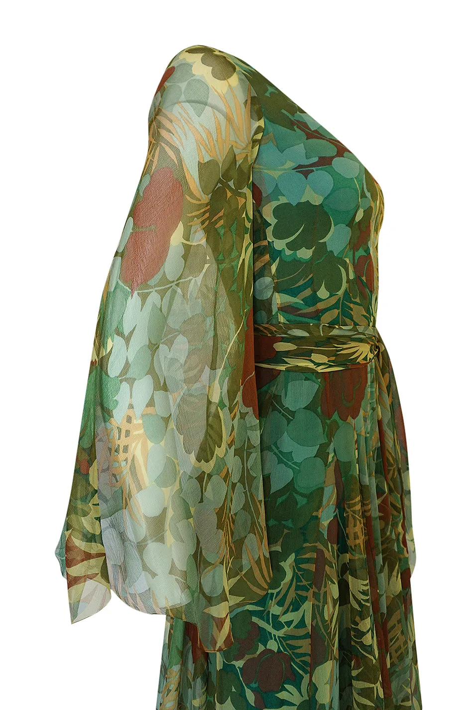 1970s Stavropoulos Couture Floral Print Silk Dress w Pleated Skirt