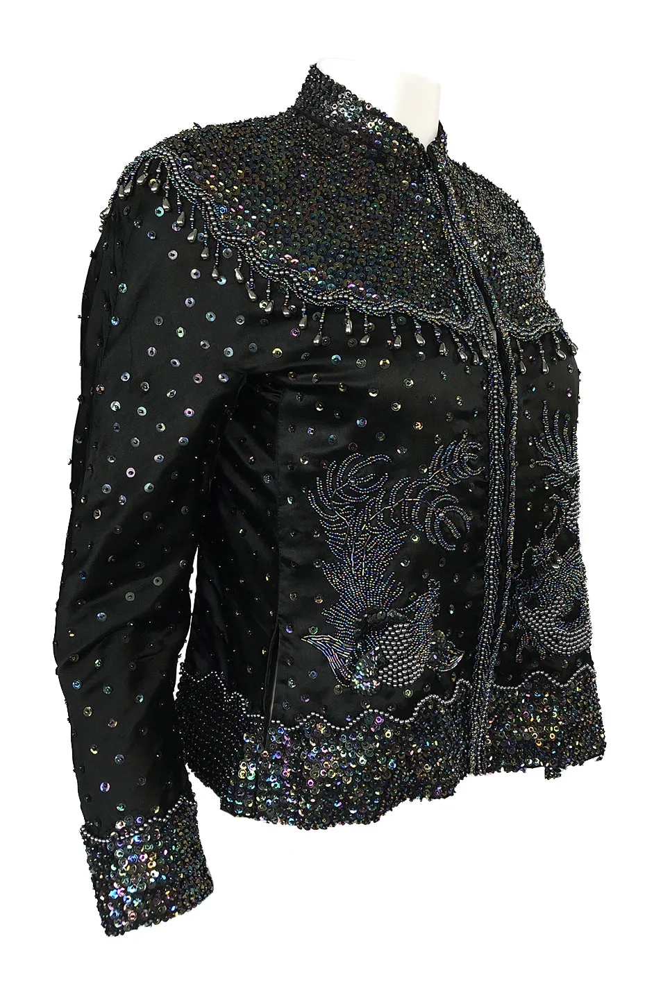 1980s Jenny Lewis Iridescent Beaded & Sequinned Black Silk Jacket