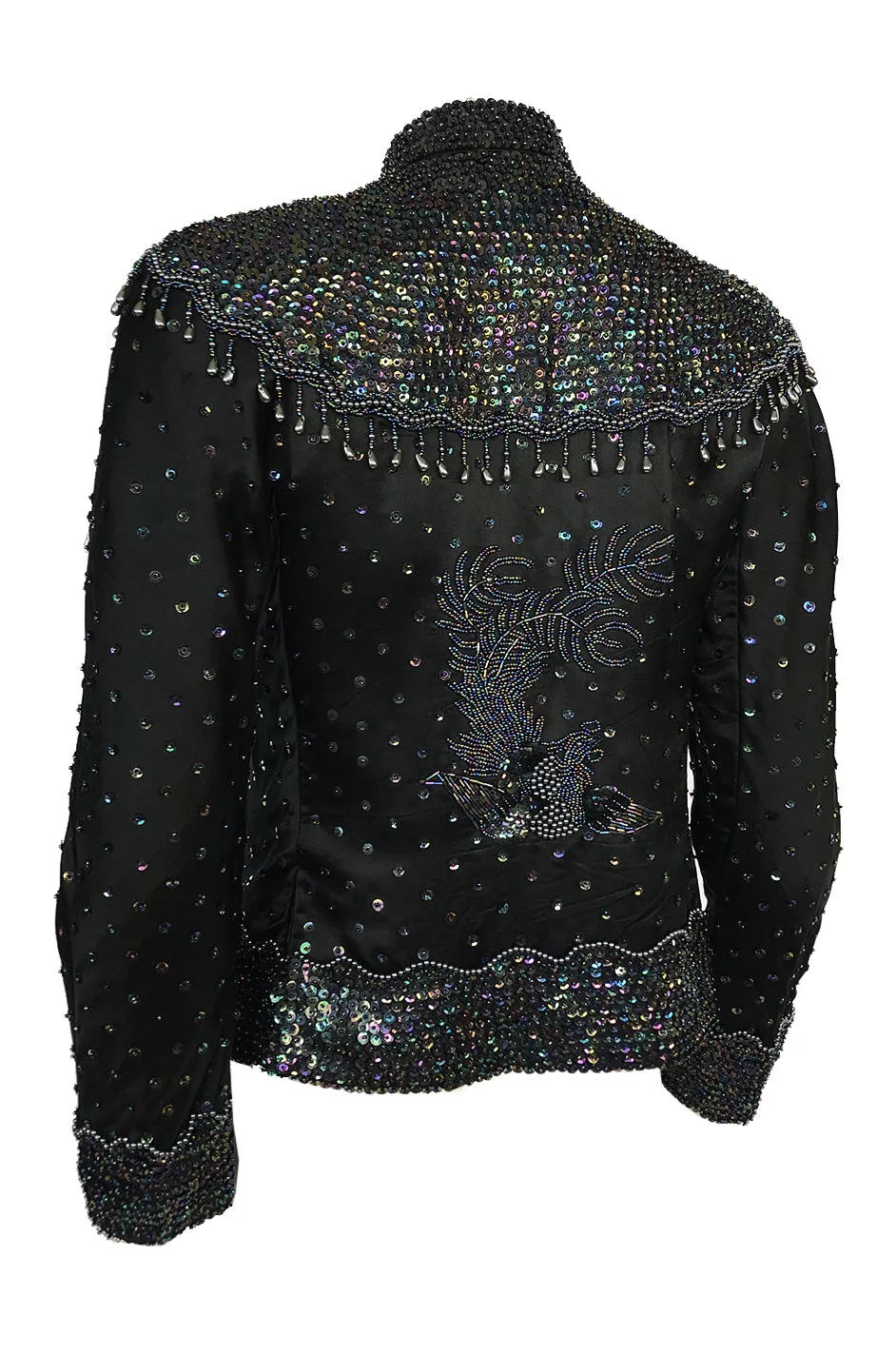 1980s Jenny Lewis Iridescent Beaded & Sequinned Black Silk Jacket