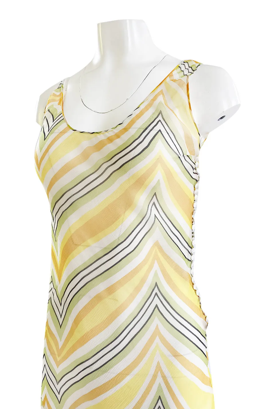 1990s Christian Dior by John Galliano Chevron Stripe Yellow Bias Cut Silk Chiffon Dress