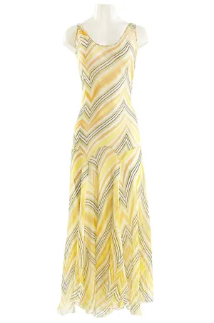1990s Christian Dior by John Galliano Chevron Stripe Yellow Bias Cut Silk Chiffon Dress