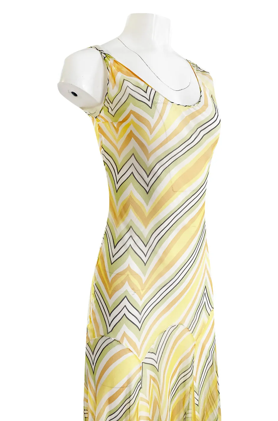 1990s Christian Dior by John Galliano Chevron Stripe Yellow Bias Cut Silk Chiffon Dress