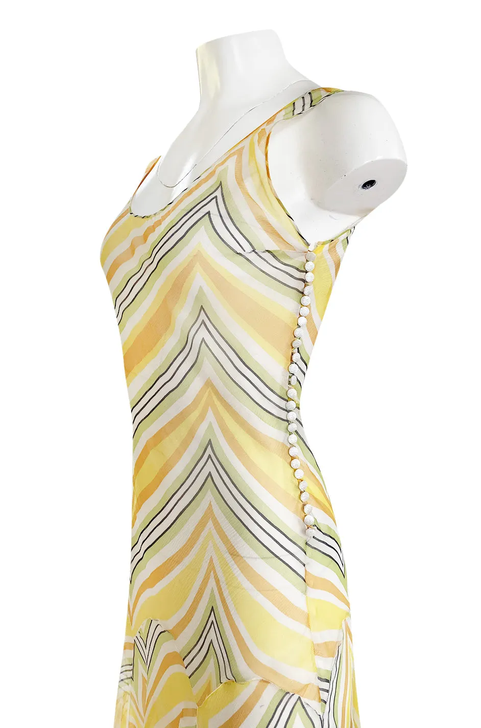 1990s Christian Dior by John Galliano Chevron Stripe Yellow Bias Cut Silk Chiffon Dress