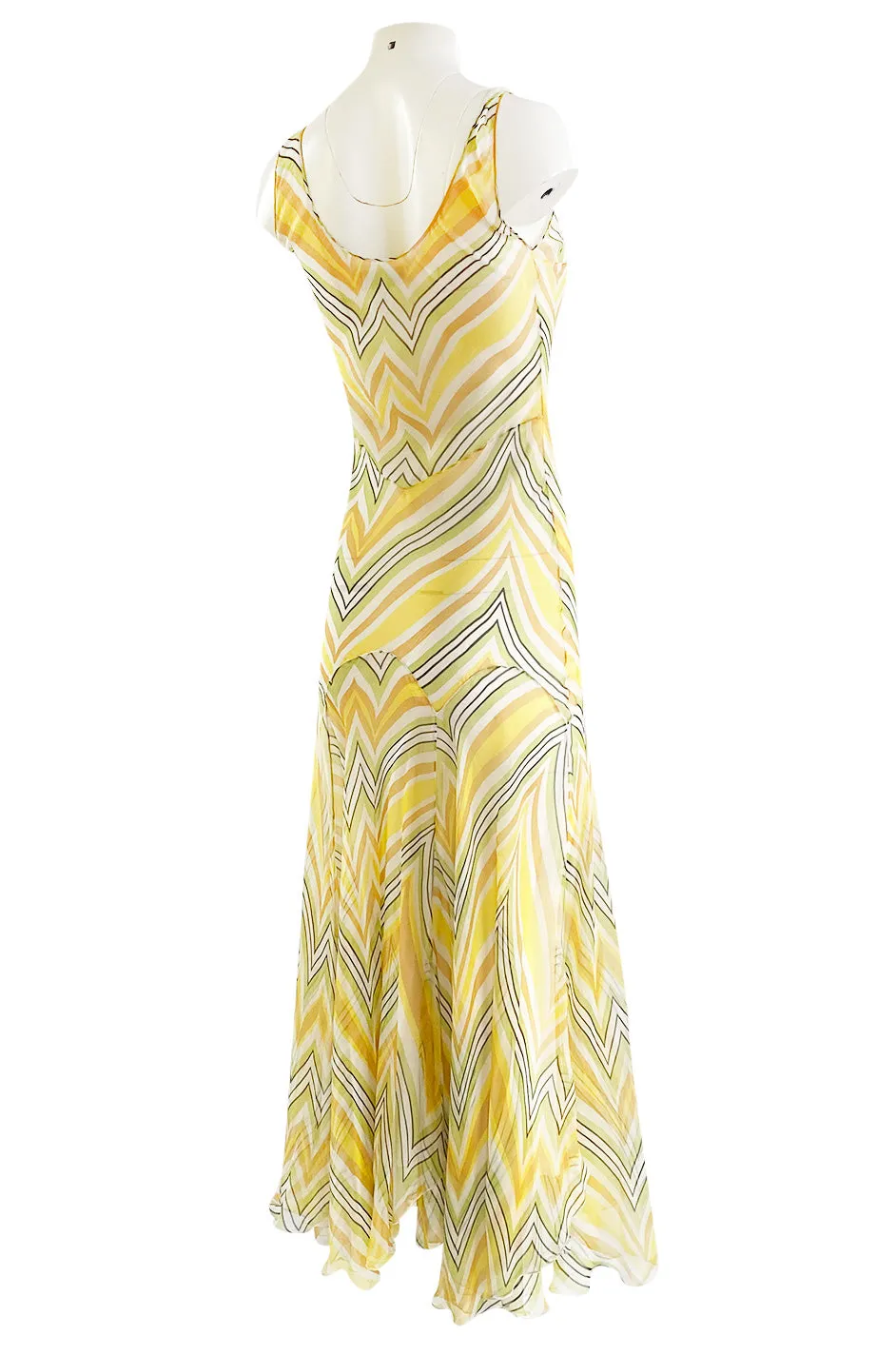 1990s Christian Dior by John Galliano Chevron Stripe Yellow Bias Cut Silk Chiffon Dress