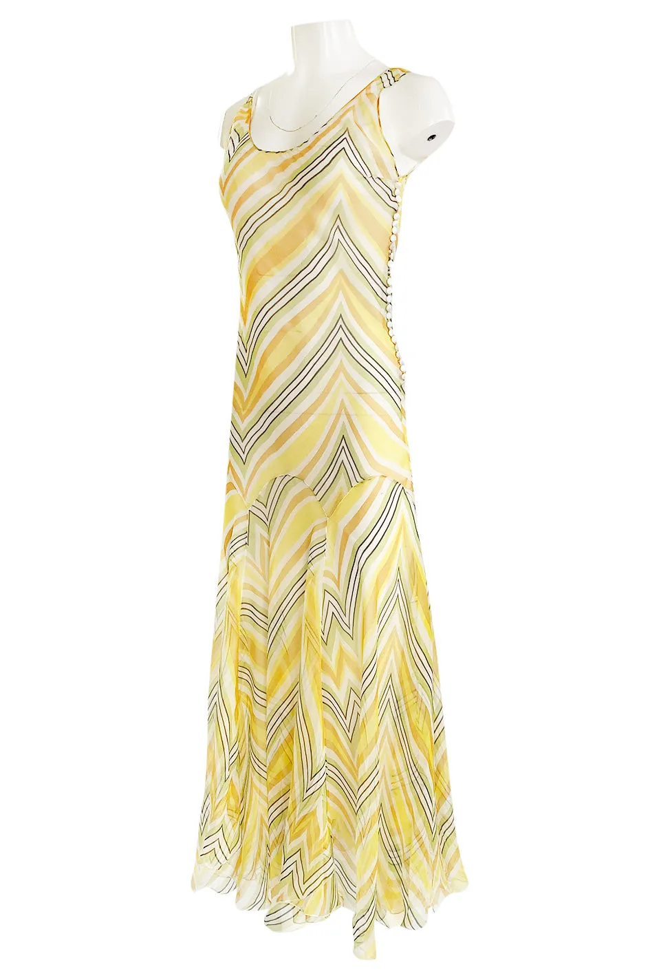 1990s Christian Dior by John Galliano Chevron Stripe Yellow Bias Cut Silk Chiffon Dress