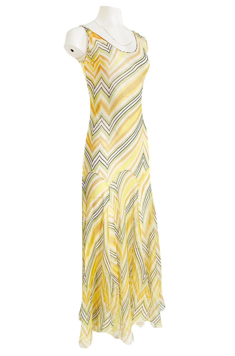 1990s Christian Dior by John Galliano Chevron Stripe Yellow Bias Cut Silk Chiffon Dress
