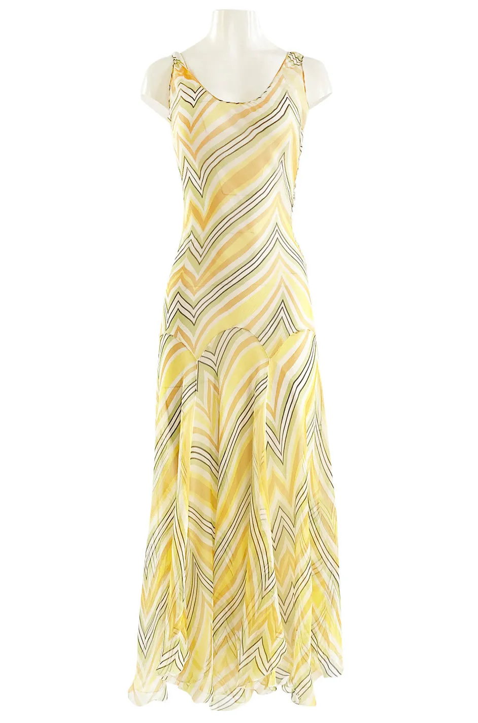 1990s Christian Dior by John Galliano Chevron Stripe Yellow Bias Cut Silk Chiffon Dress