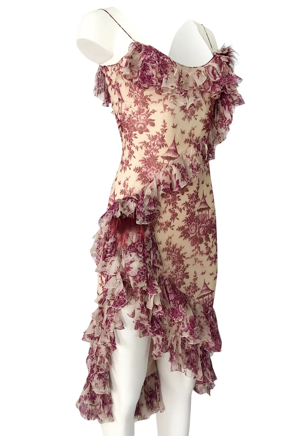 2000s John Galliano Purple Floral Print Silk Bias Cut Ruffle Dress