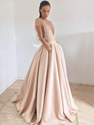 A-line Chic Jewel Embroidery Champagne Satin Long Evening Prom Dresses, Cheap Custom prom dresses, MR7688