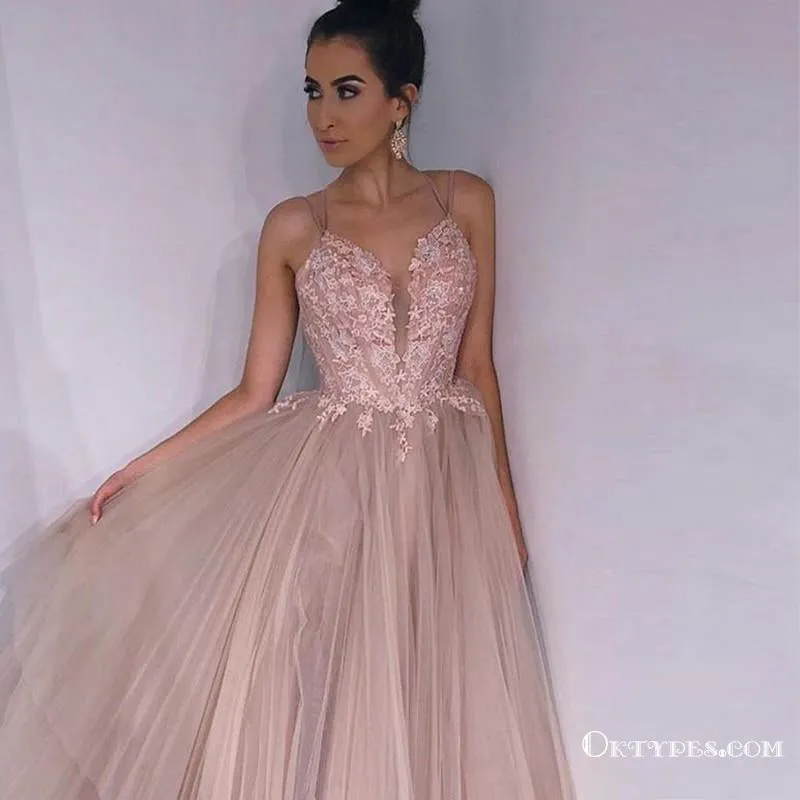 A Line Criss Cross Straps Back Pink Long Prom Dresses With Appliques, TYP1741