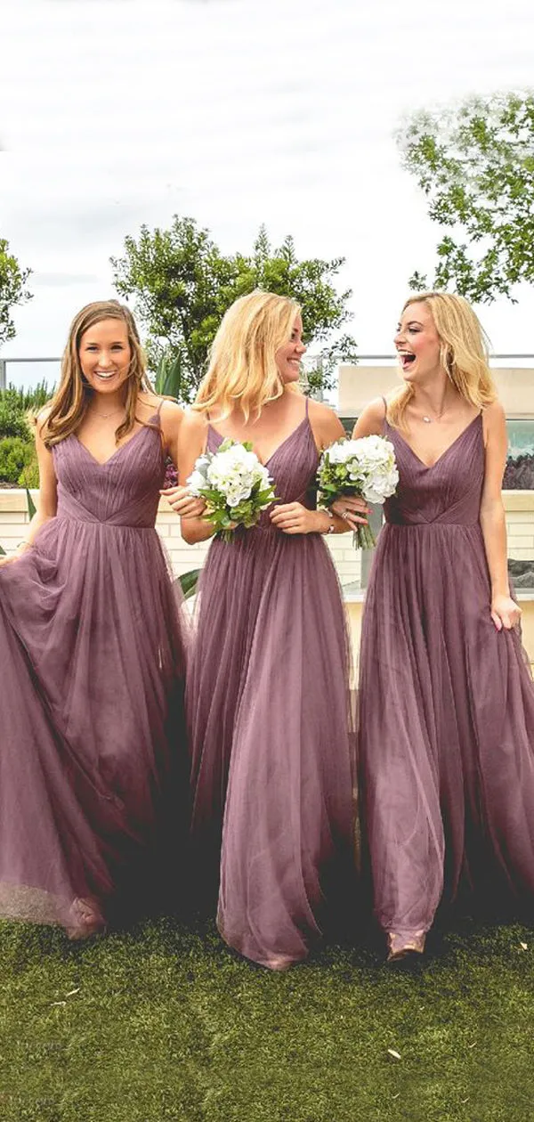 A-line Dusty Purple Tulle Spaghetti Straps Long Custom Bridesmaid Dresses , BN1304