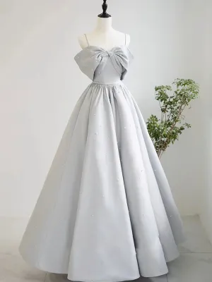 A-Line Gray Satin Long Prom Dresses, Gray Satin Formal Dresses