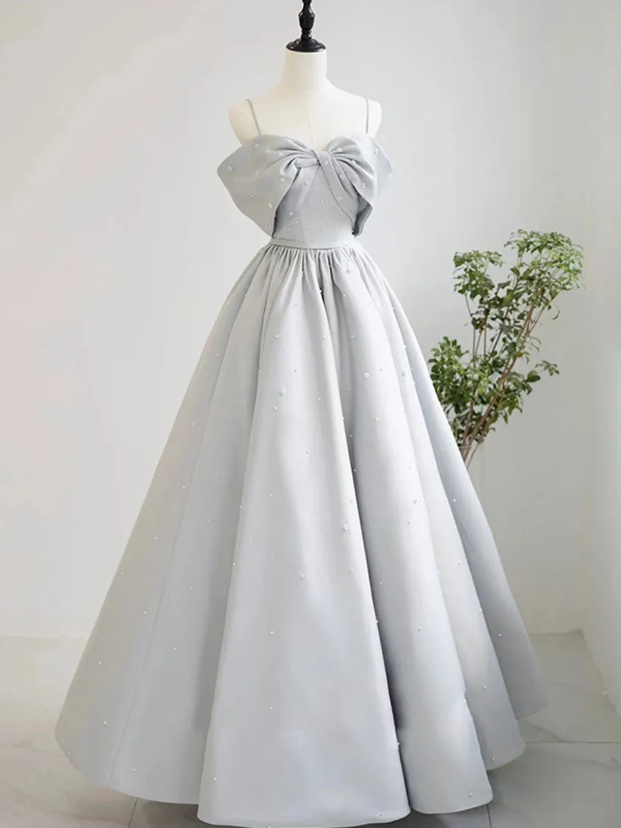 A-Line Gray Satin Long Prom Dresses, Gray Satin Formal Dresses