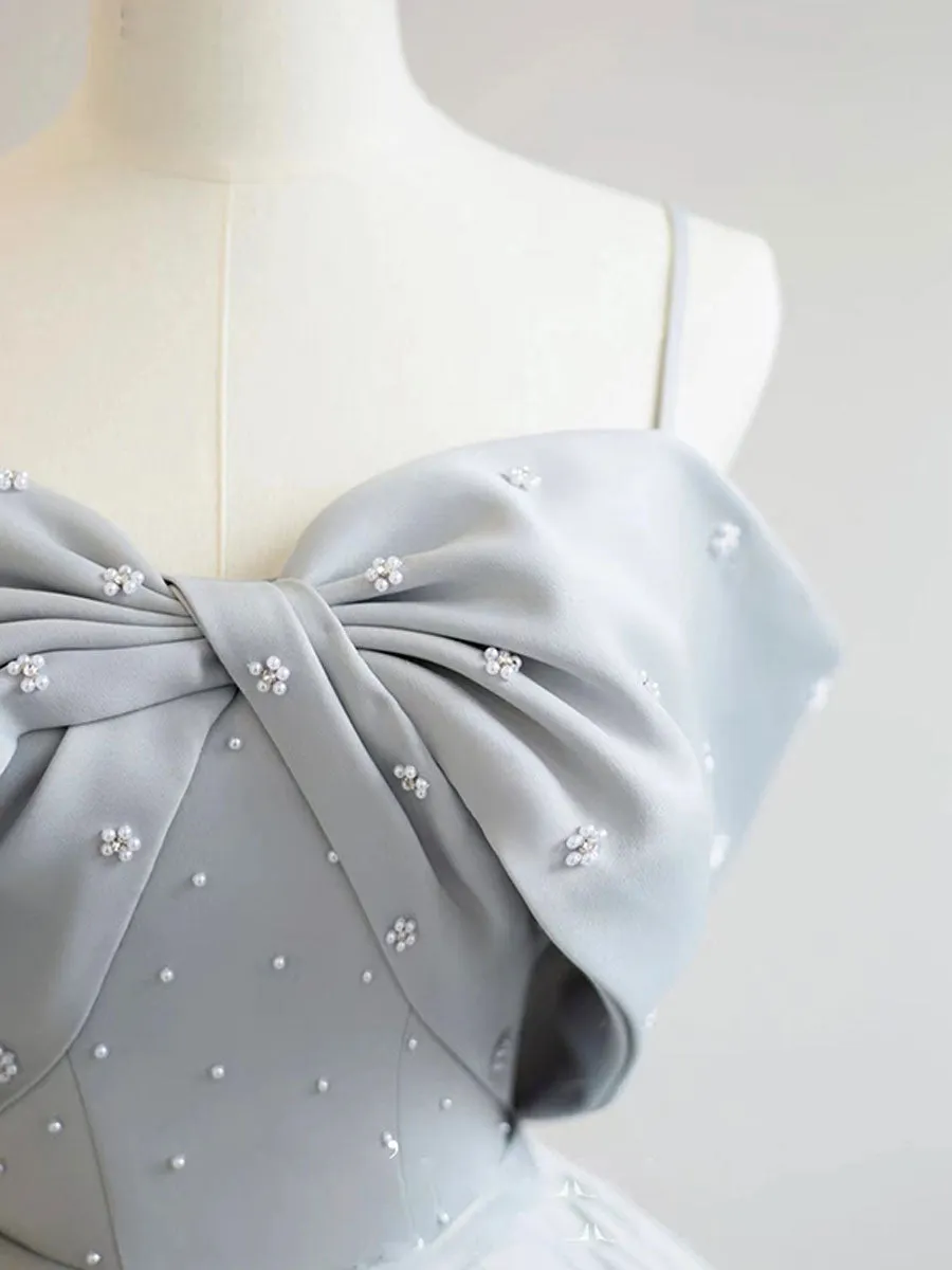 A-Line Gray Satin Long Prom Dresses, Gray Satin Formal Dresses