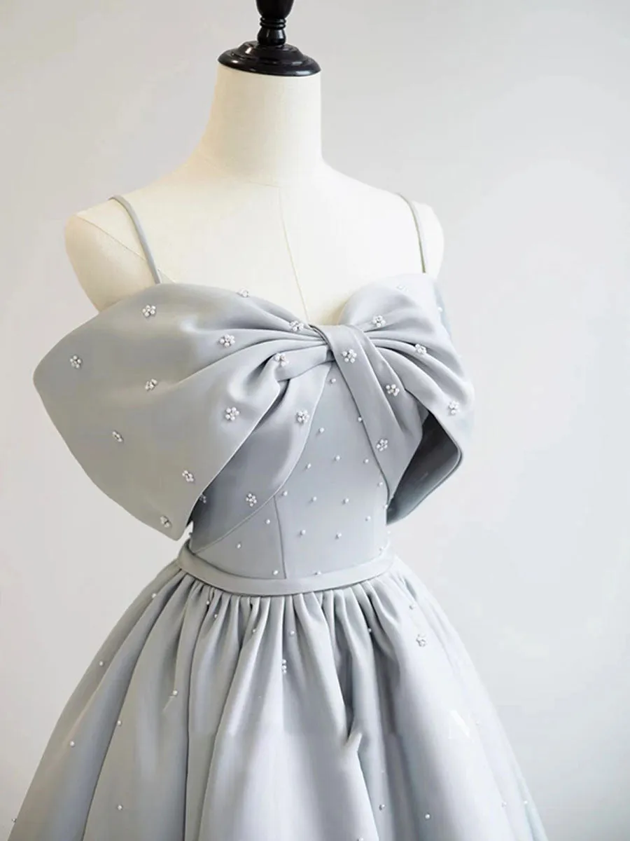A-Line Gray Satin Long Prom Dresses, Gray Satin Formal Dresses