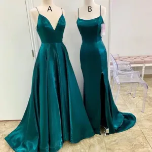 A Line Long Satin Emerald Green Prom Dresses 2025 with Split