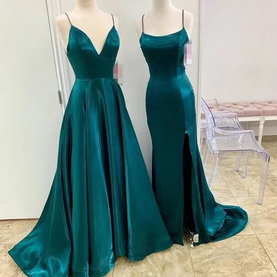 A Line Long Satin Emerald Green Prom Dresses 2025 with Split