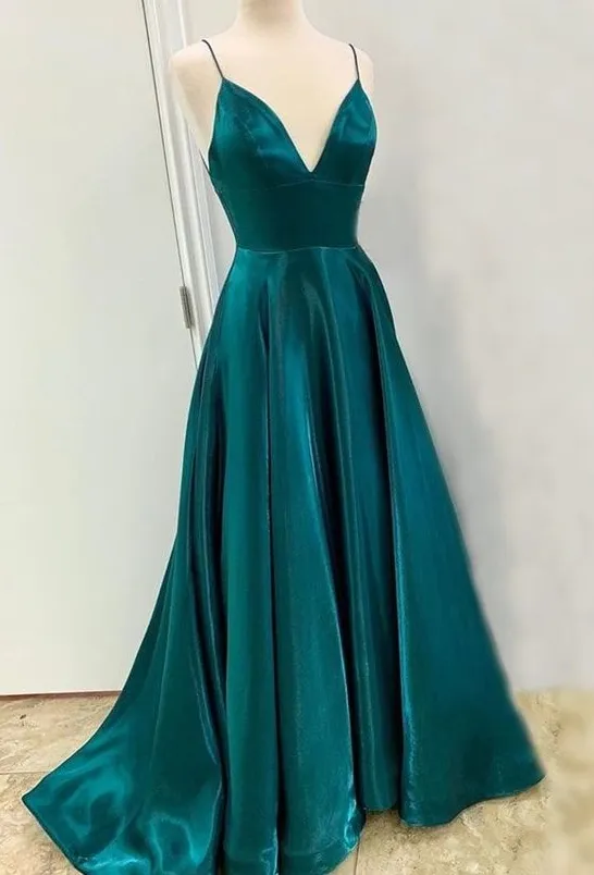 A Line Long Satin Emerald Green Prom Dresses 2025 with Split