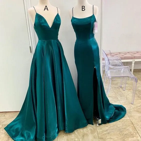 A Line Long Satin Emerald Green Prom Dresses 2025 with Split