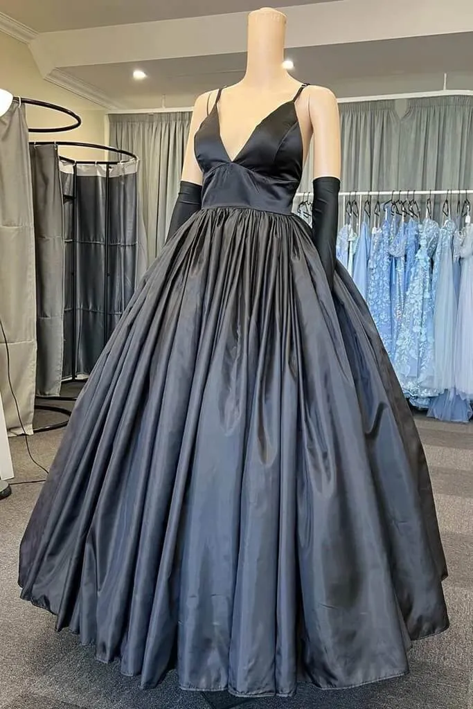 A Line V Neck Black Prom Dresses with Pocket Long Satin Formal Graduation Dress