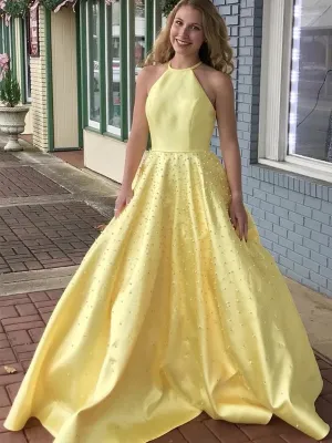 A Line Yellow Satin Beaded Long Prom, Yellow Formal Graduation Evening