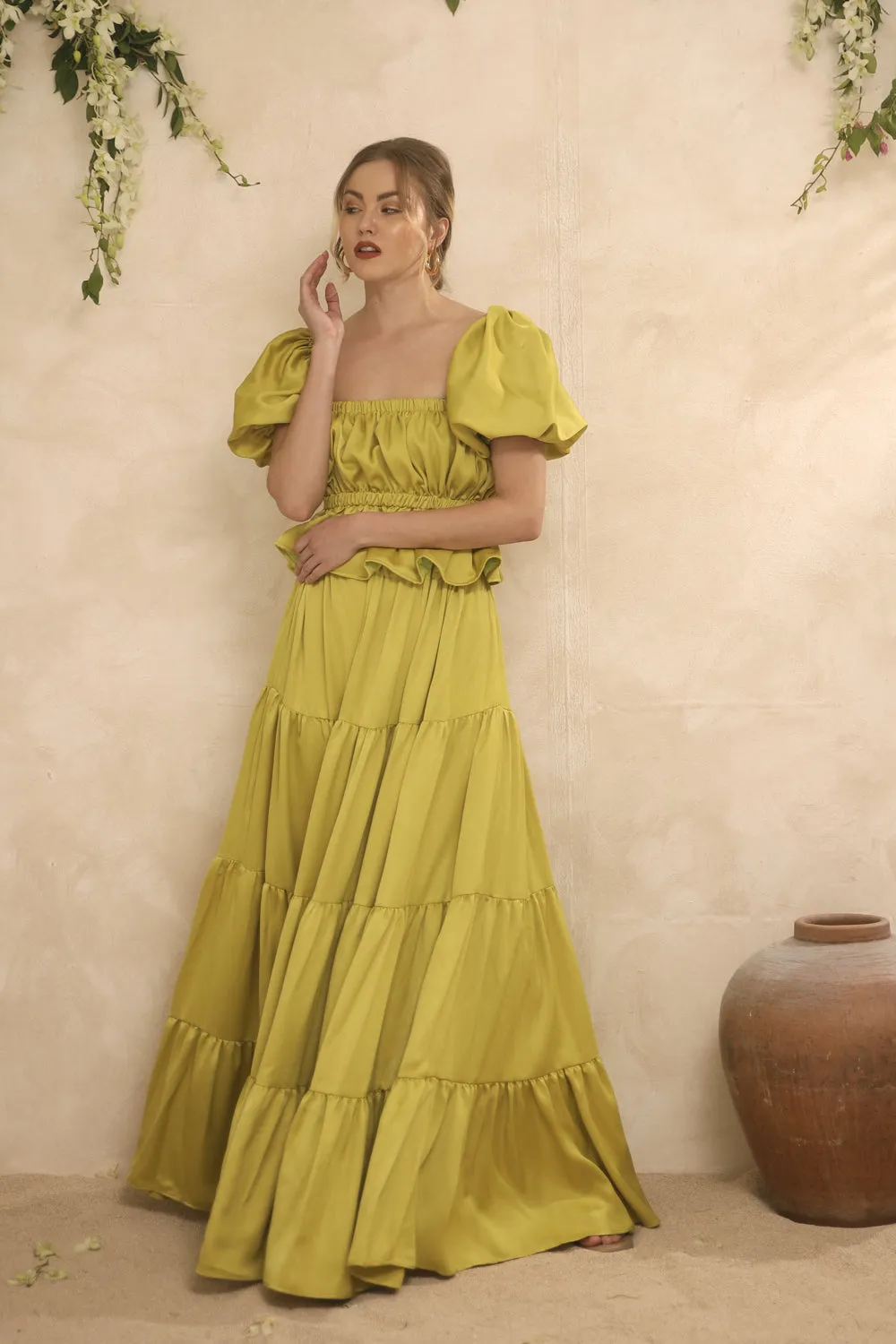 ALMERIA Balloon Sleeve Gartered Top with Four-Layer Maxi Skirt (Lime Green Italian Silk)