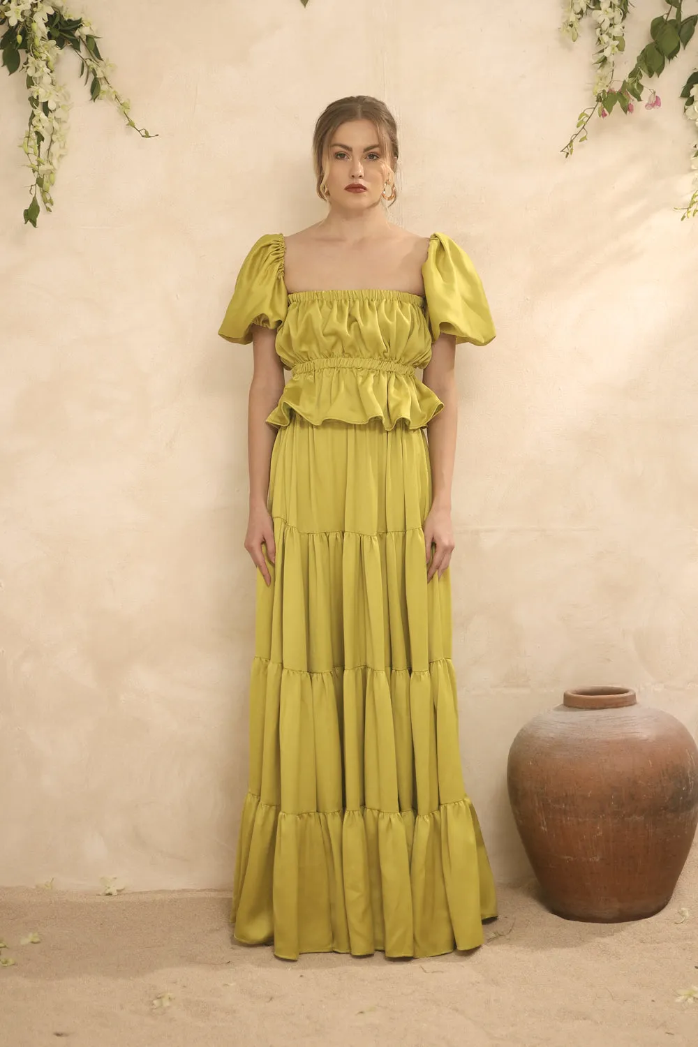 ALMERIA Balloon Sleeve Gartered Top with Four-Layer Maxi Skirt (Lime Green Italian Silk)