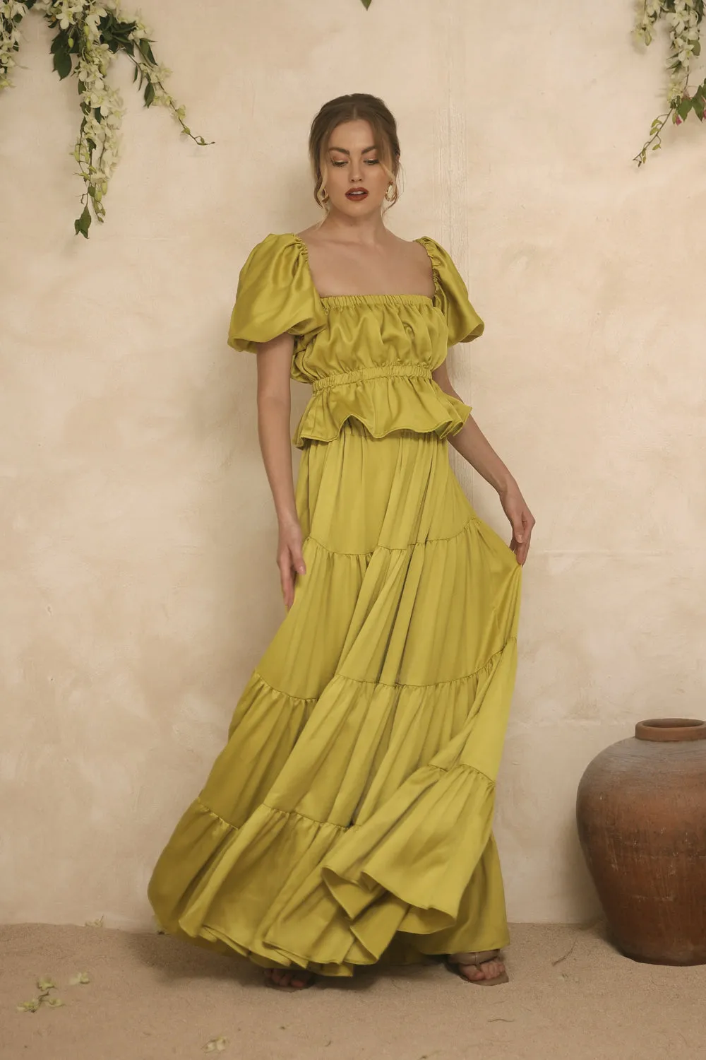 ALMERIA Balloon Sleeve Gartered Top with Four-Layer Maxi Skirt (Lime Green Italian Silk)