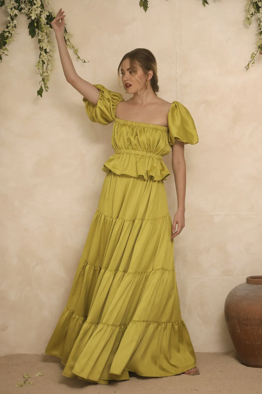 ALMERIA Balloon Sleeve Gartered Top with Four-Layer Maxi Skirt (Lime Green Italian Silk)