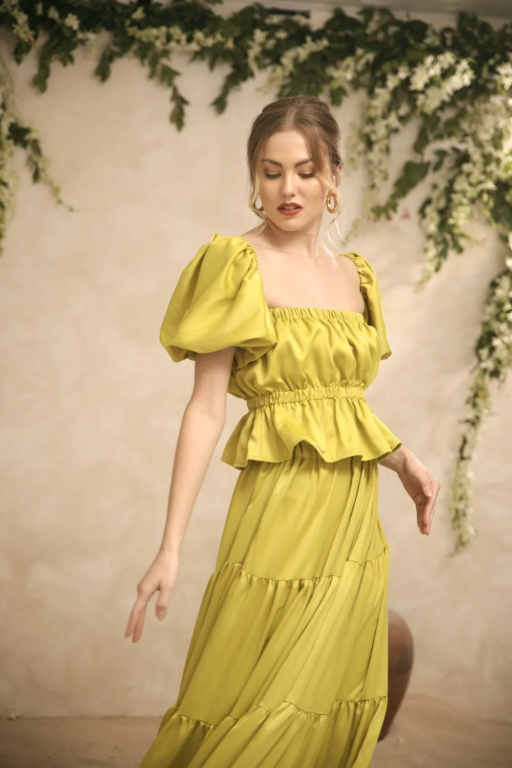 ALMERIA Balloon Sleeve Gartered Top with Four-Layer Maxi Skirt (Lime Green Italian Silk)