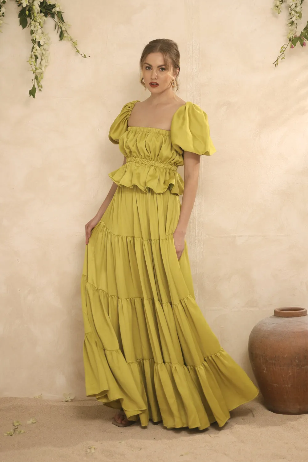 ALMERIA Balloon Sleeve Gartered Top with Four-Layer Maxi Skirt (Lime Green Italian Silk)