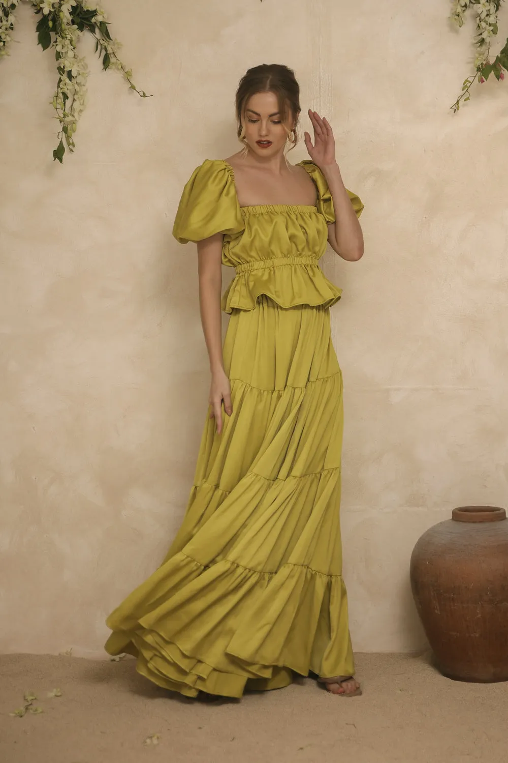 ALMERIA Balloon Sleeve Gartered Top with Four-Layer Maxi Skirt (Lime Green Italian Silk)