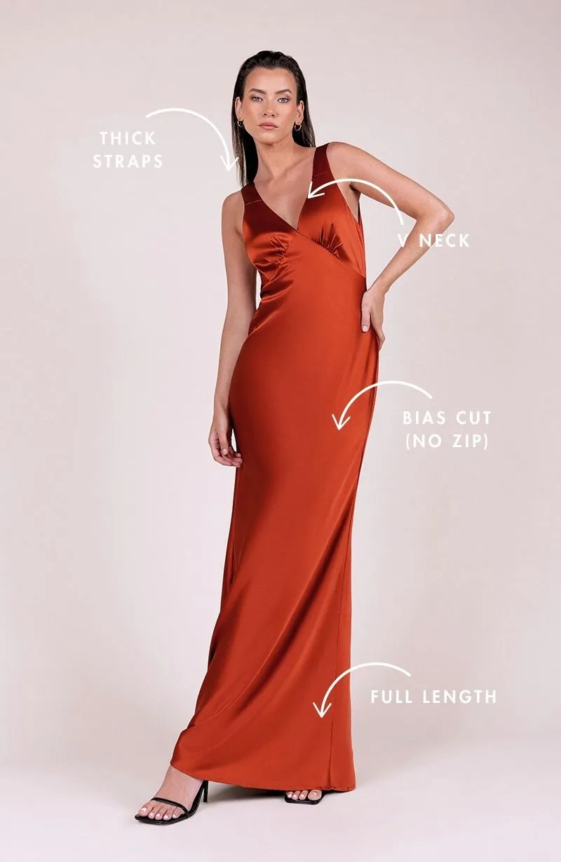 Amelia Dress in Burnt Orange Satin