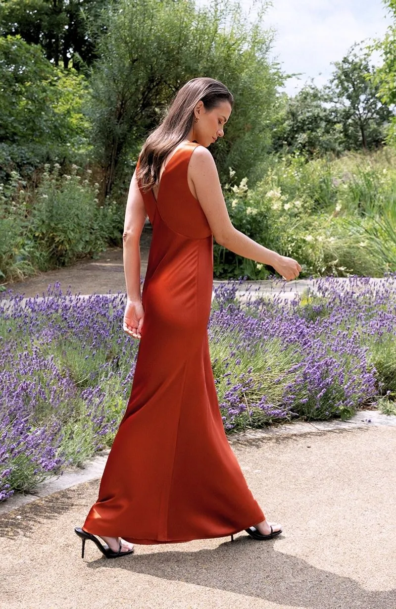 Amelia Dress in Burnt Orange Satin