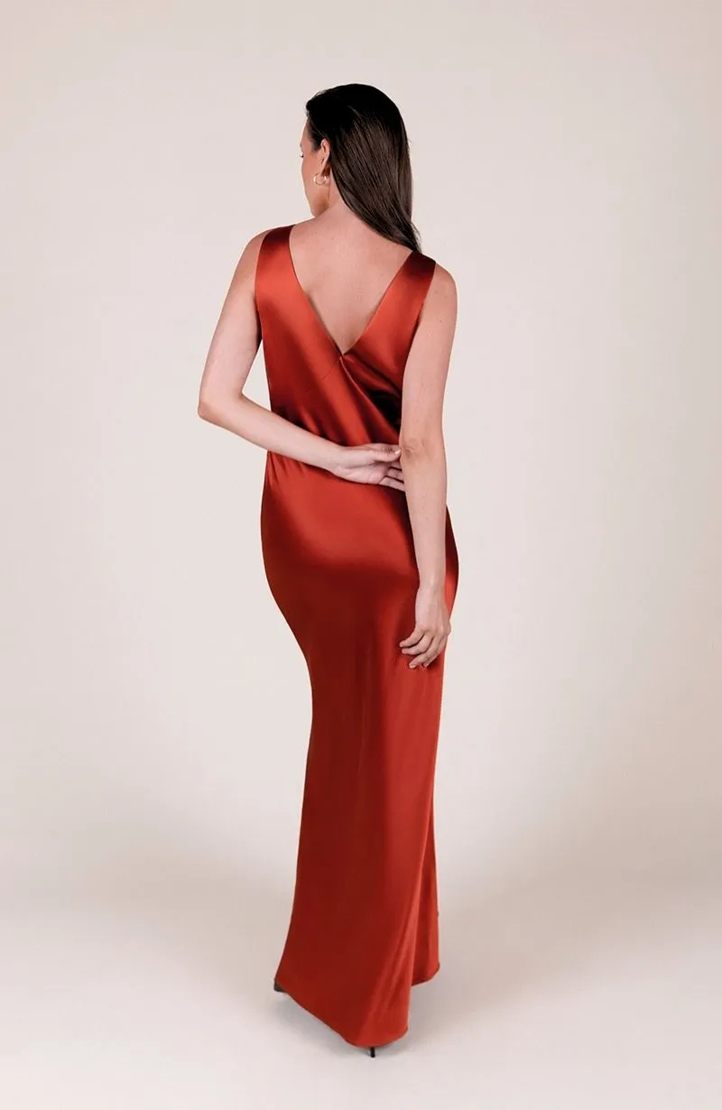 Amelia Dress in Burnt Orange Satin